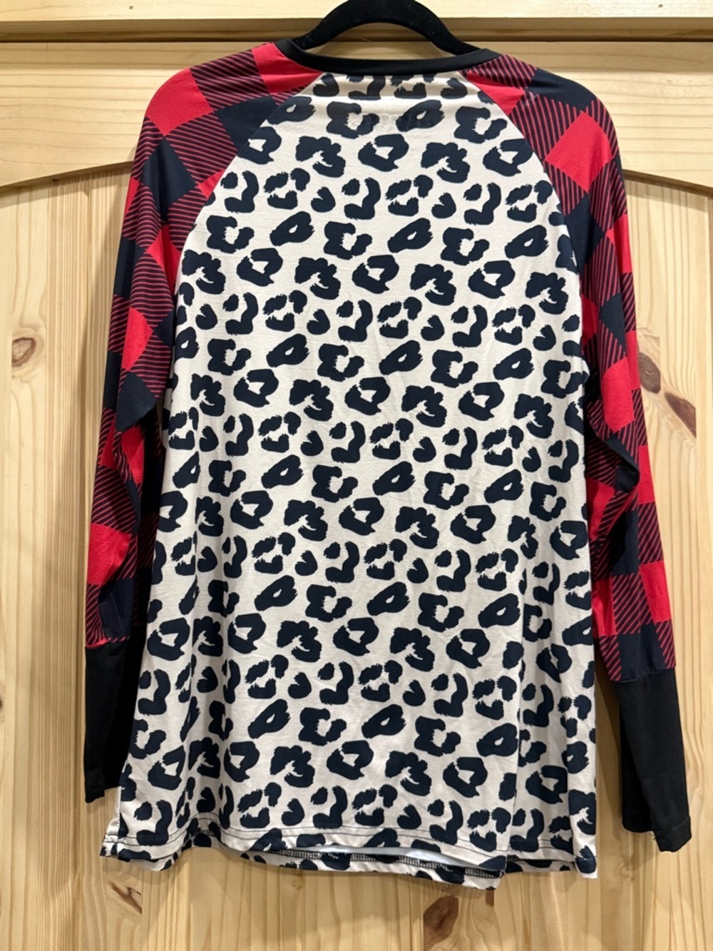 Crazy Train Black & White Leopard Print Top with Red Buffalo Plaid Sleeves - Picture 4 of 4